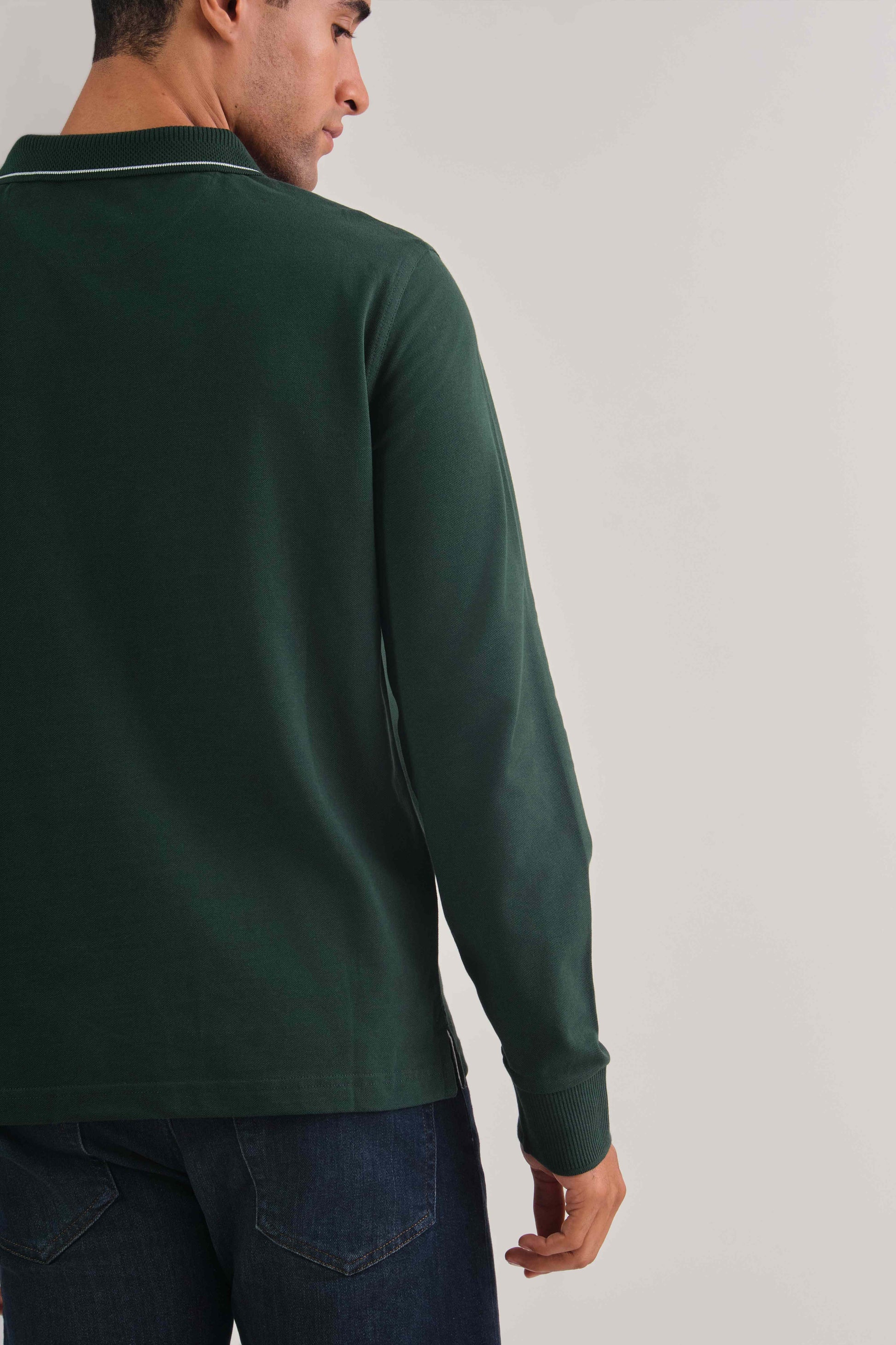 Textured Collar Long Sleeve Polo Shirt Tartan Green / M