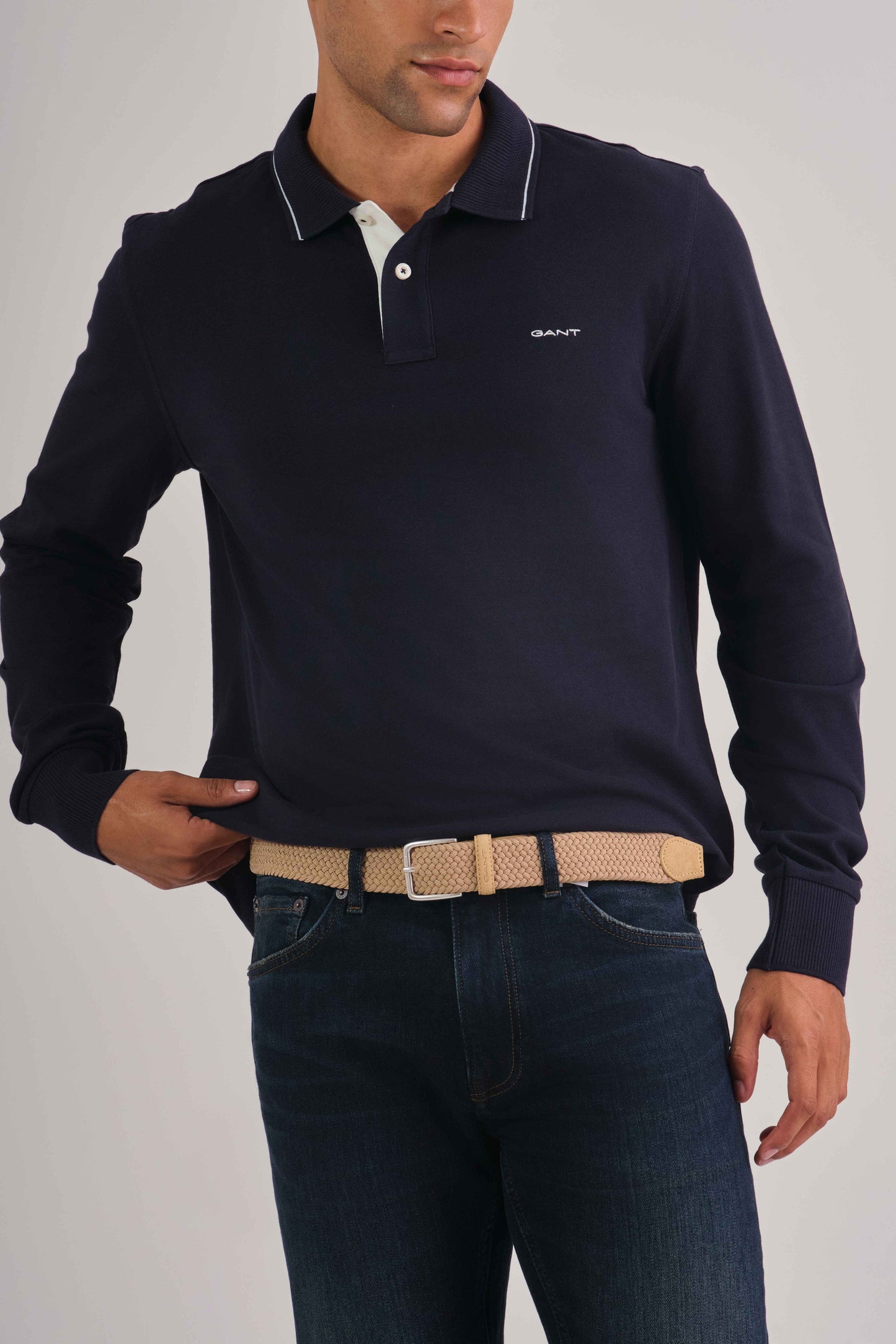 Textured Collar Long Sleeve Polo Shirt Evening Blue / M