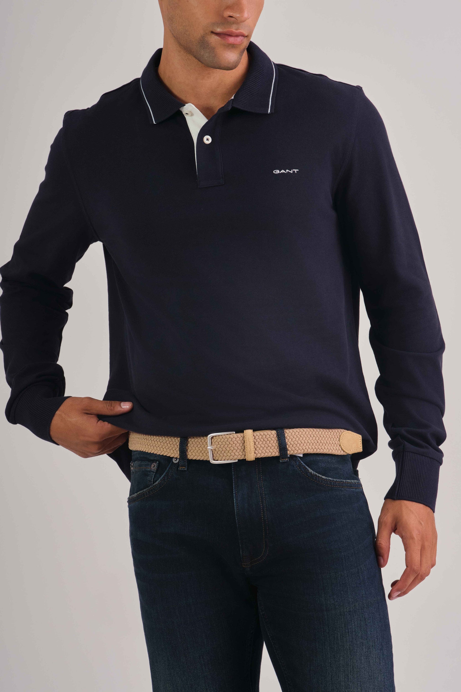 Textured Collar Long Sleeve Polo Shirt Evening Blue / M