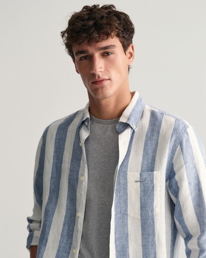 Regular Fit Bold Striped Linen Shirt S / SALTY SEA