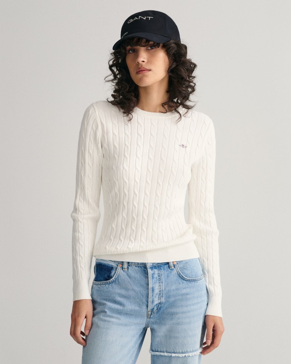 Stretch Cotton Cable Knit Crew Neck Sweater
