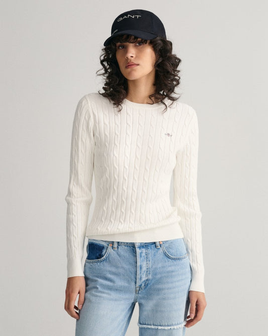 Stretch Cotton Cable Knit Crew Neck Sweater