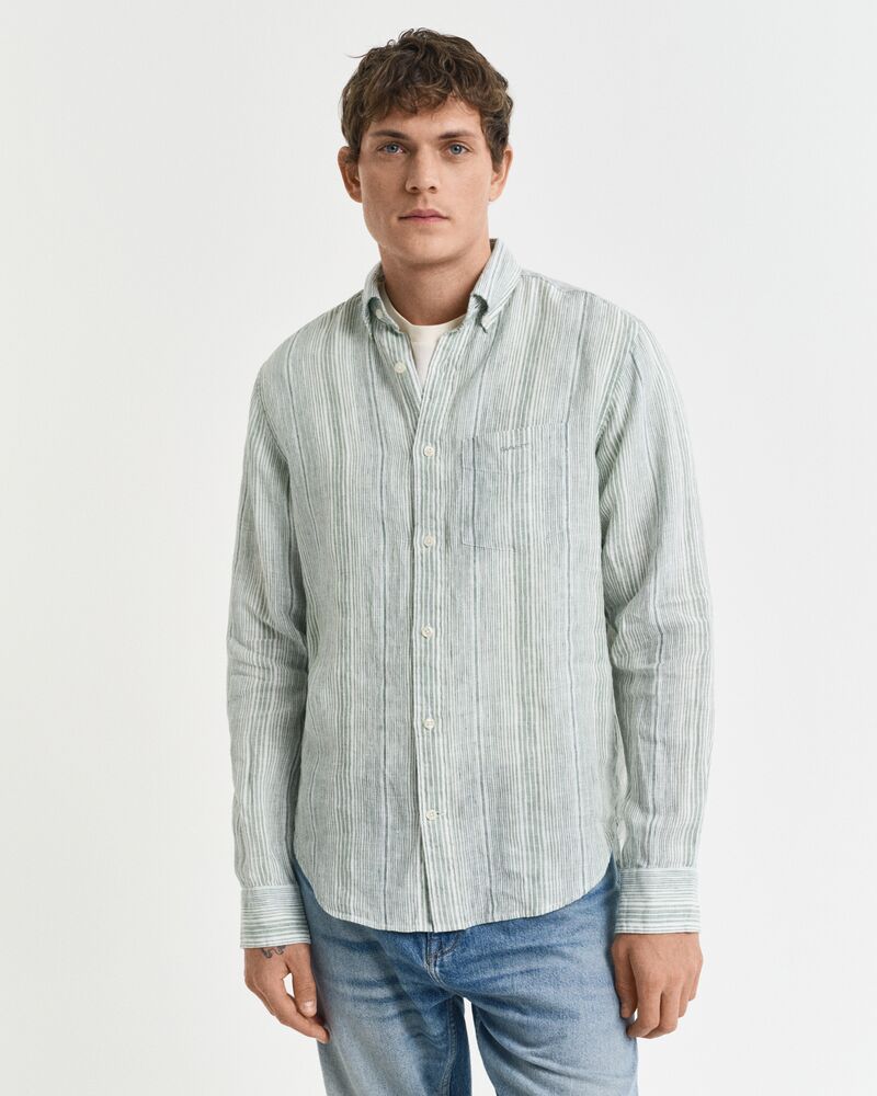 REG LINEN STRIPE SHIRT Green / S