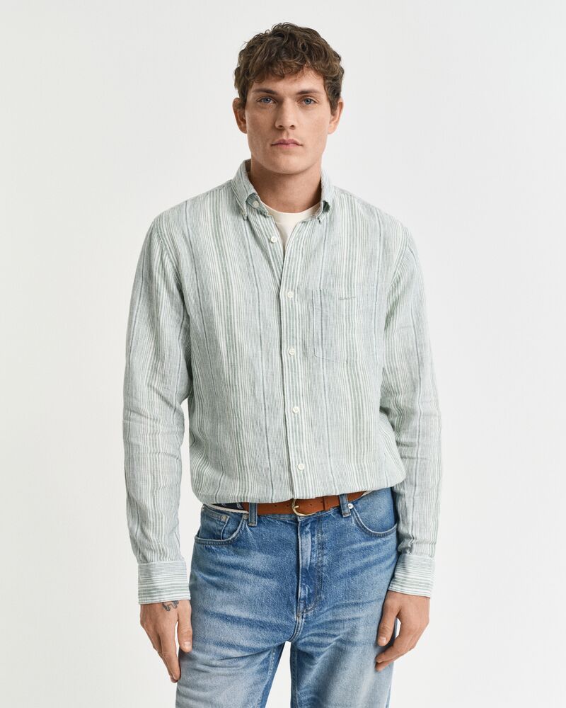 REG LINEN STRIPE SHIRT Green / S