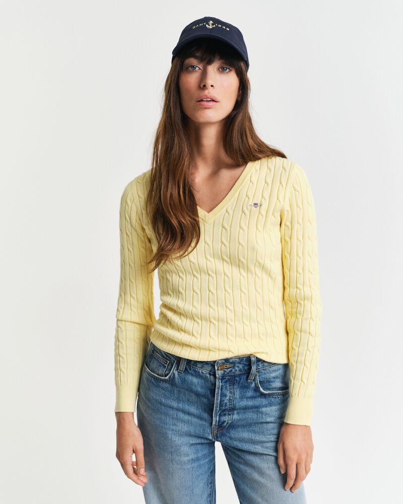 STRETCH COTTON CABLE V-NECK Yellow / S