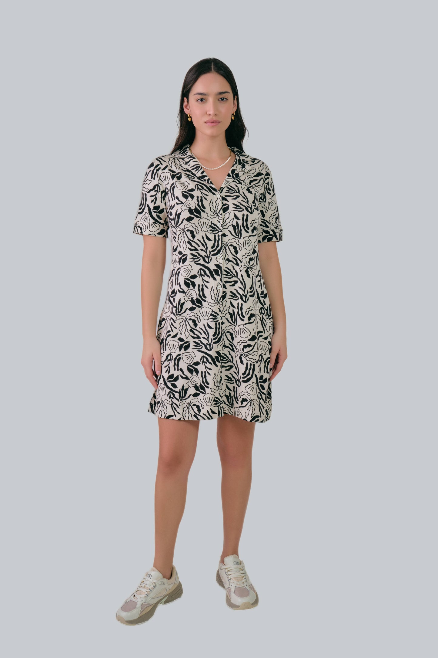 Palm Print Jersey Shirt Dress Soft Oat / M