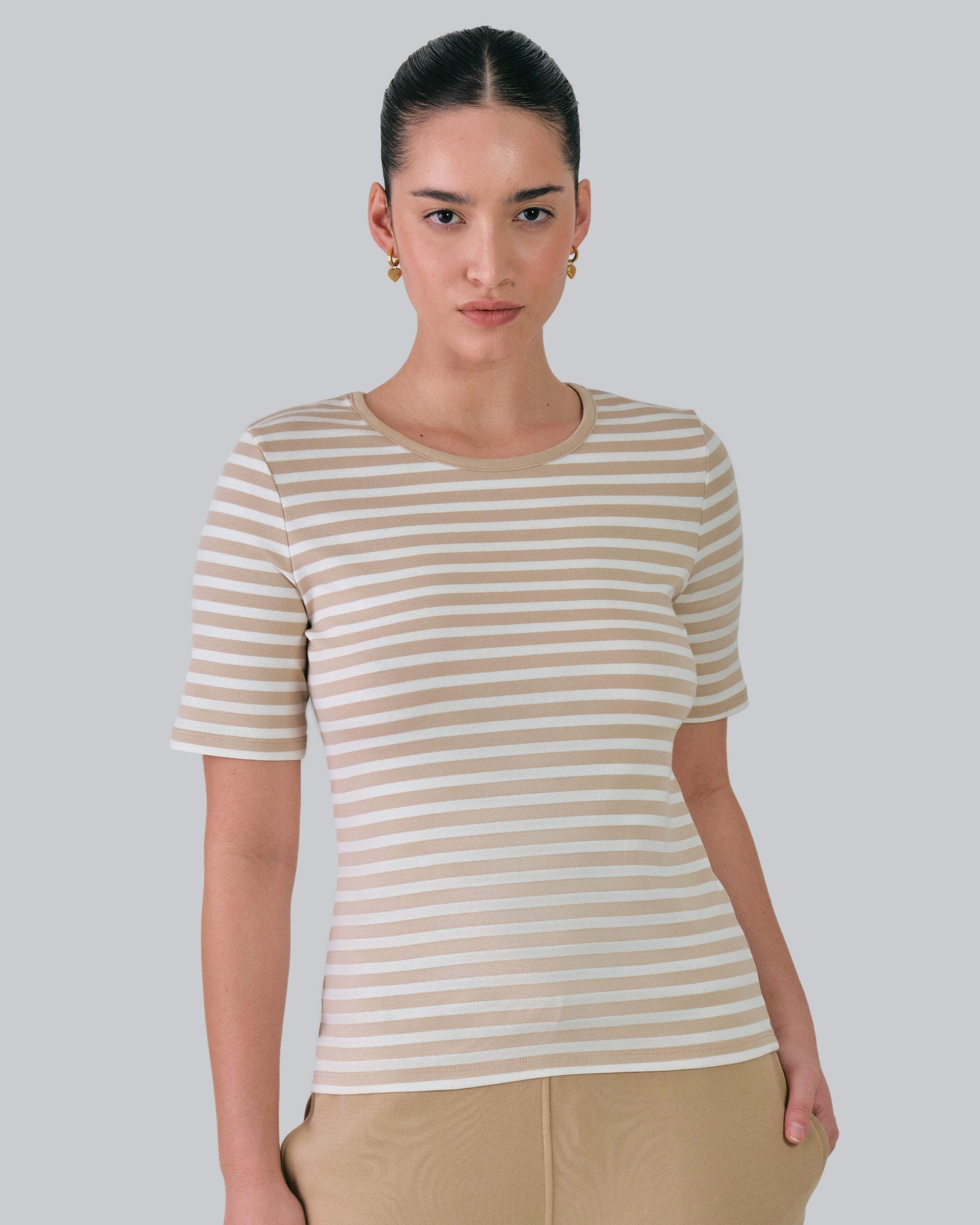 Slim Striped 1X1 Ribbed T-Shirt Dry Sand / M