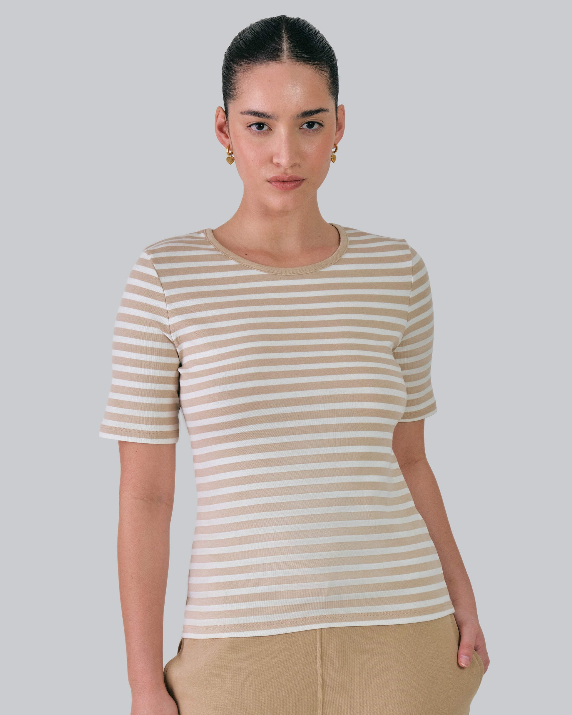 Slim Striped 1X1 Ribbed T-Shirt Dry Sand / M