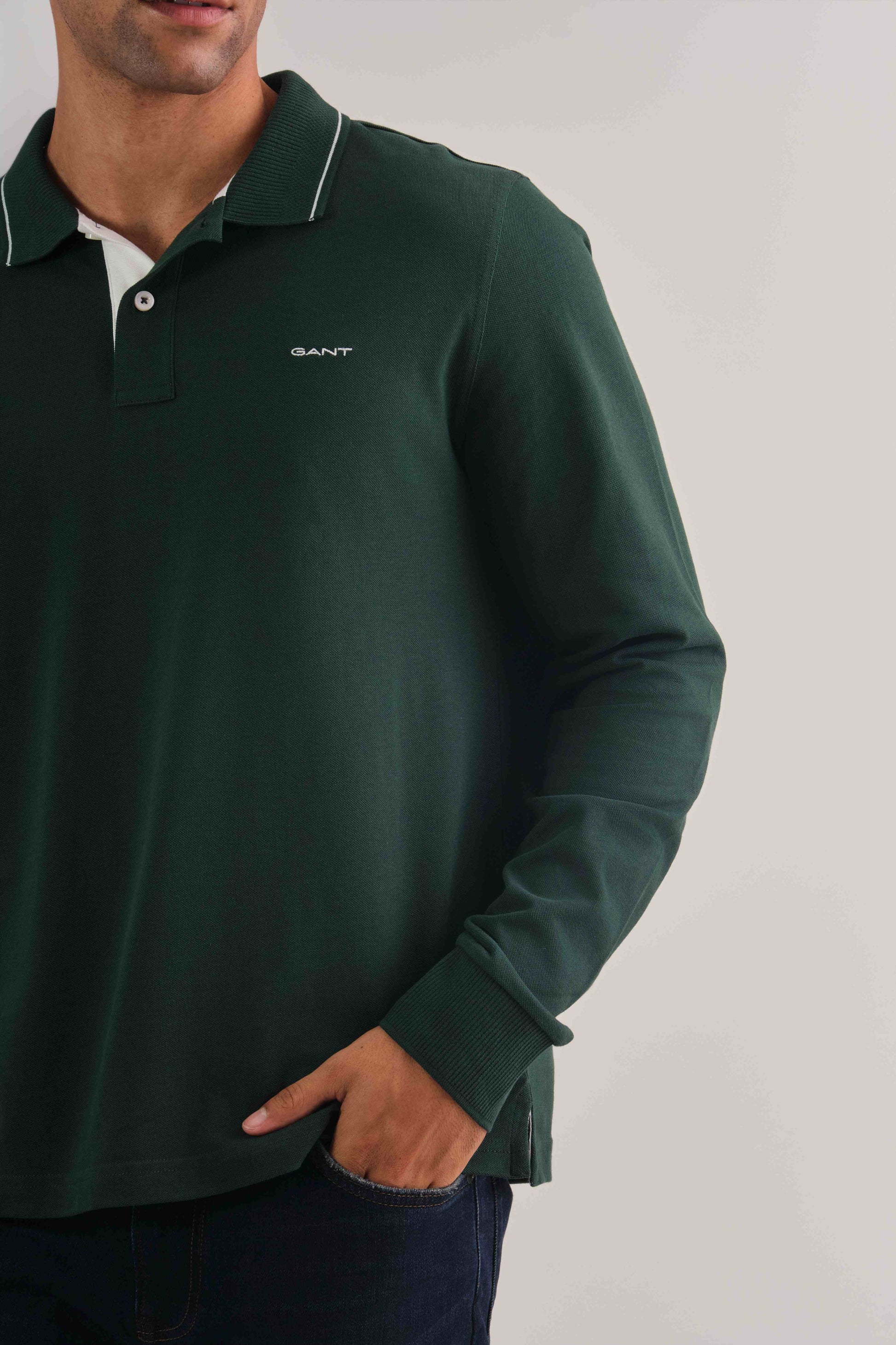 Textured Collar Long Sleeve Polo Shirt Tartan Green / M