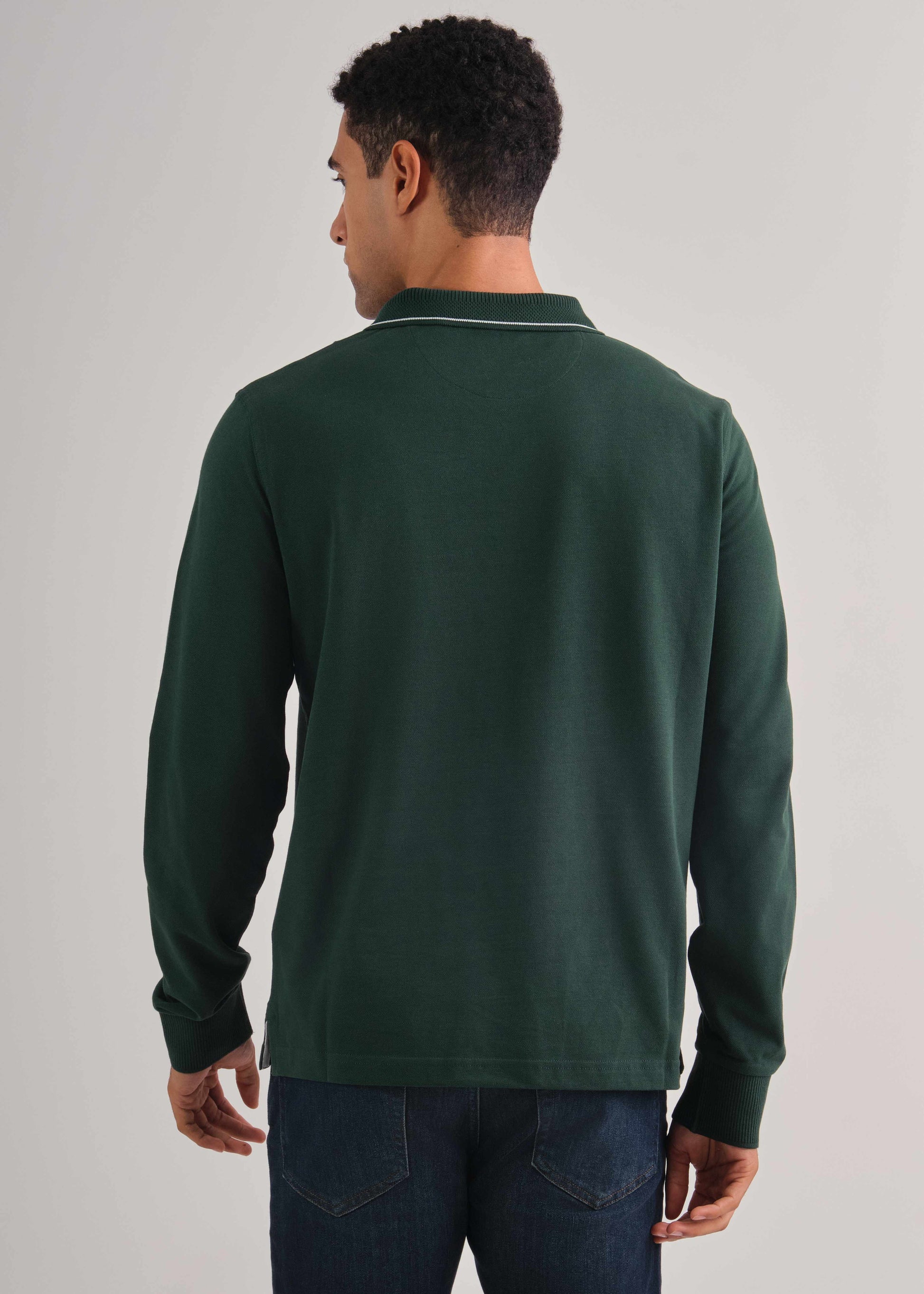 Textured Collar Long Sleeve Polo Shirt Tartan Green / M