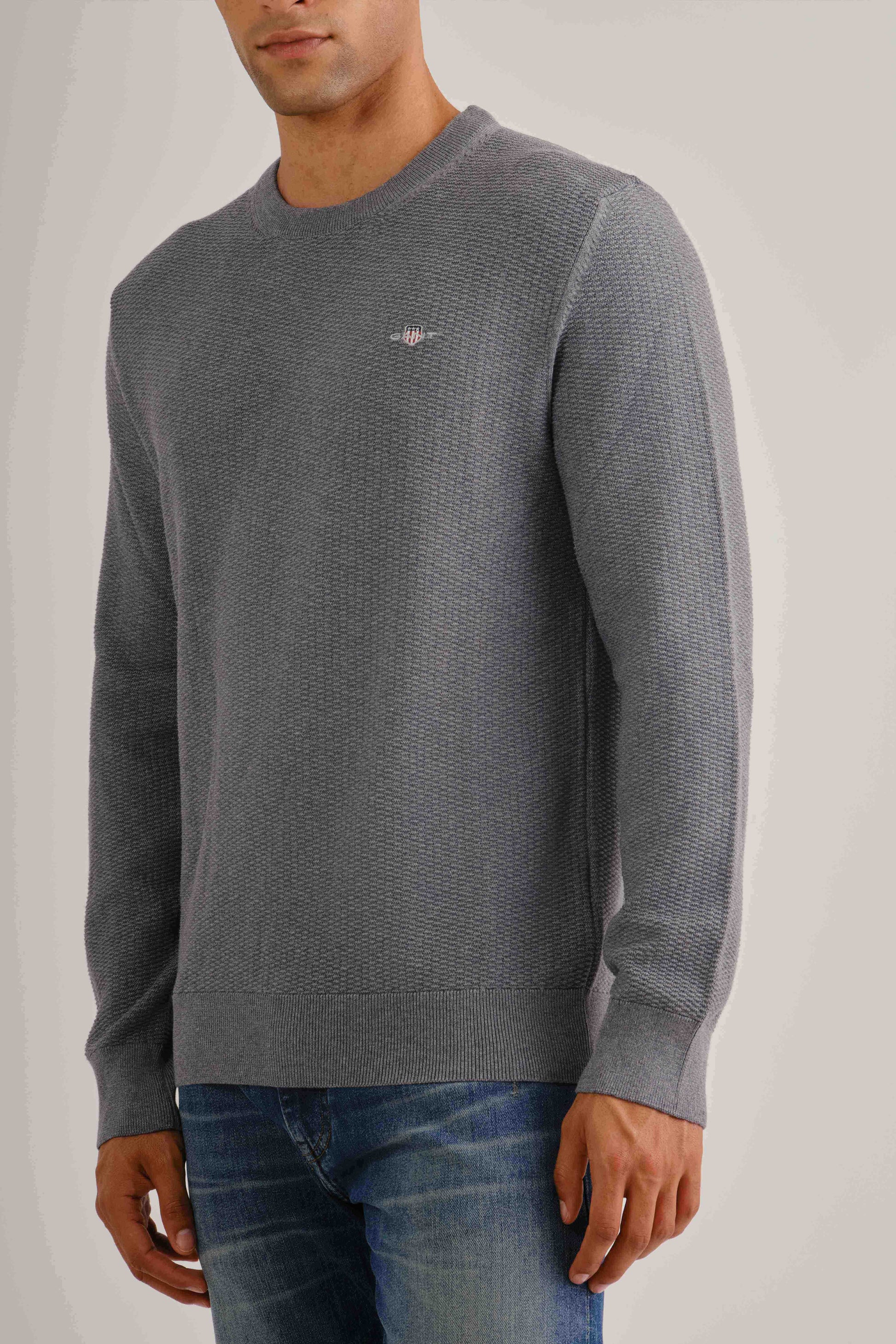 Micro Textured Cotton Crew Neck Sweater Dark Grey Melange / M