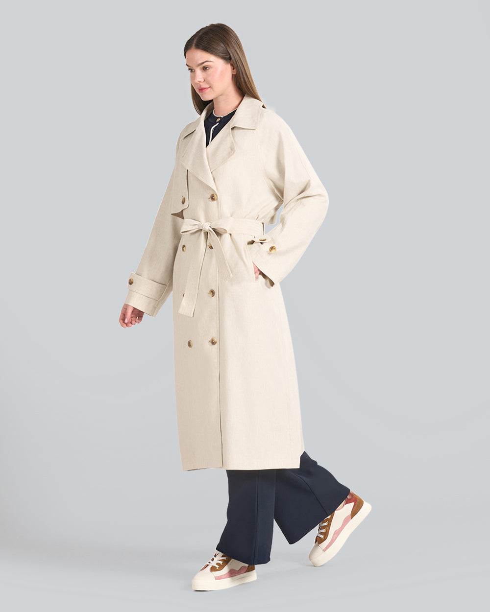 Linen Blend Trench Coat Soft Oat / M