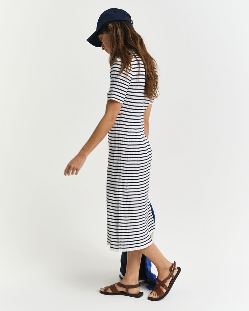 Striped Rib Knit Short Sleeve Rugger Dress Blue / S
