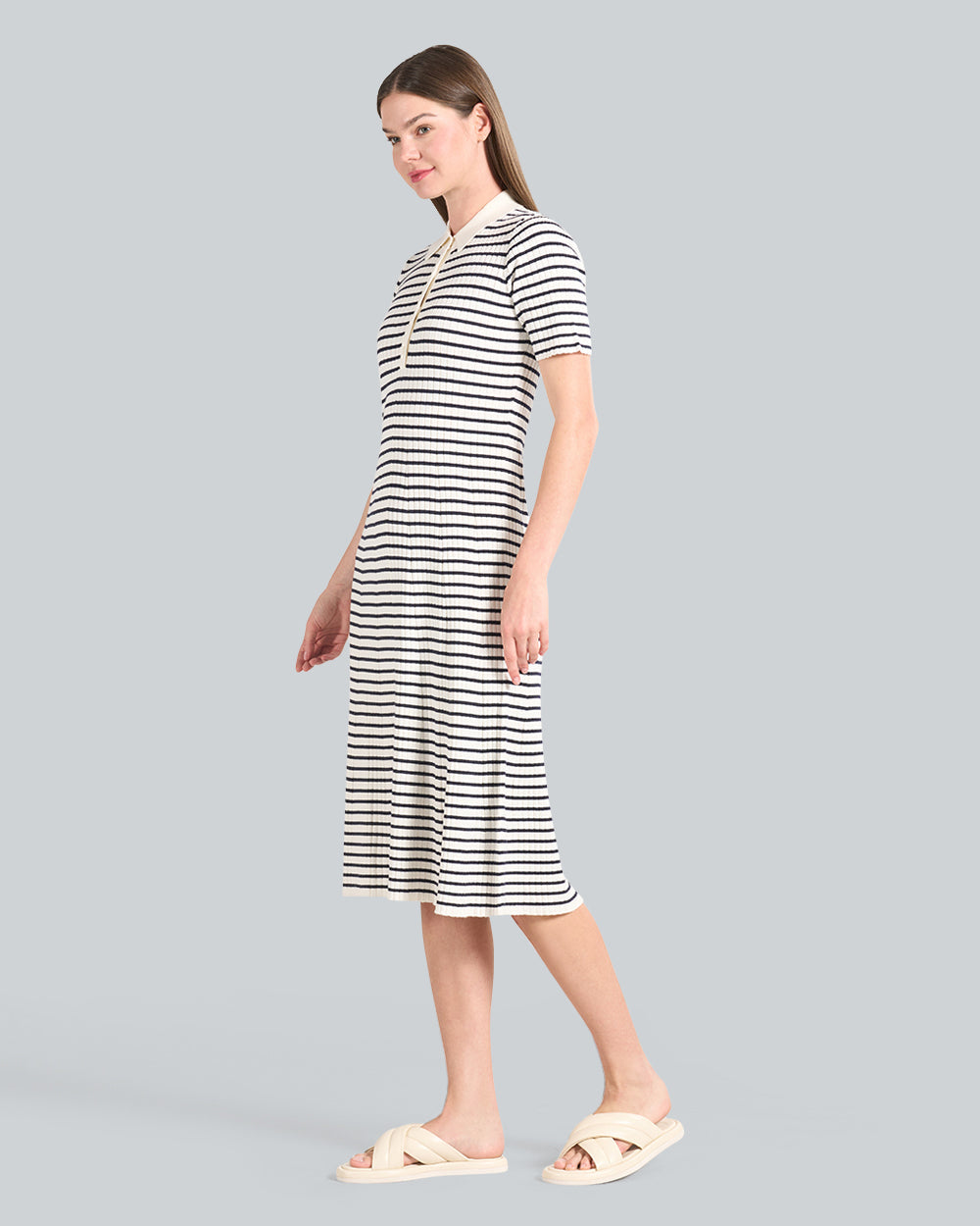 Striped Rib Knit Short Sleeve Rugger Dress Blue / S