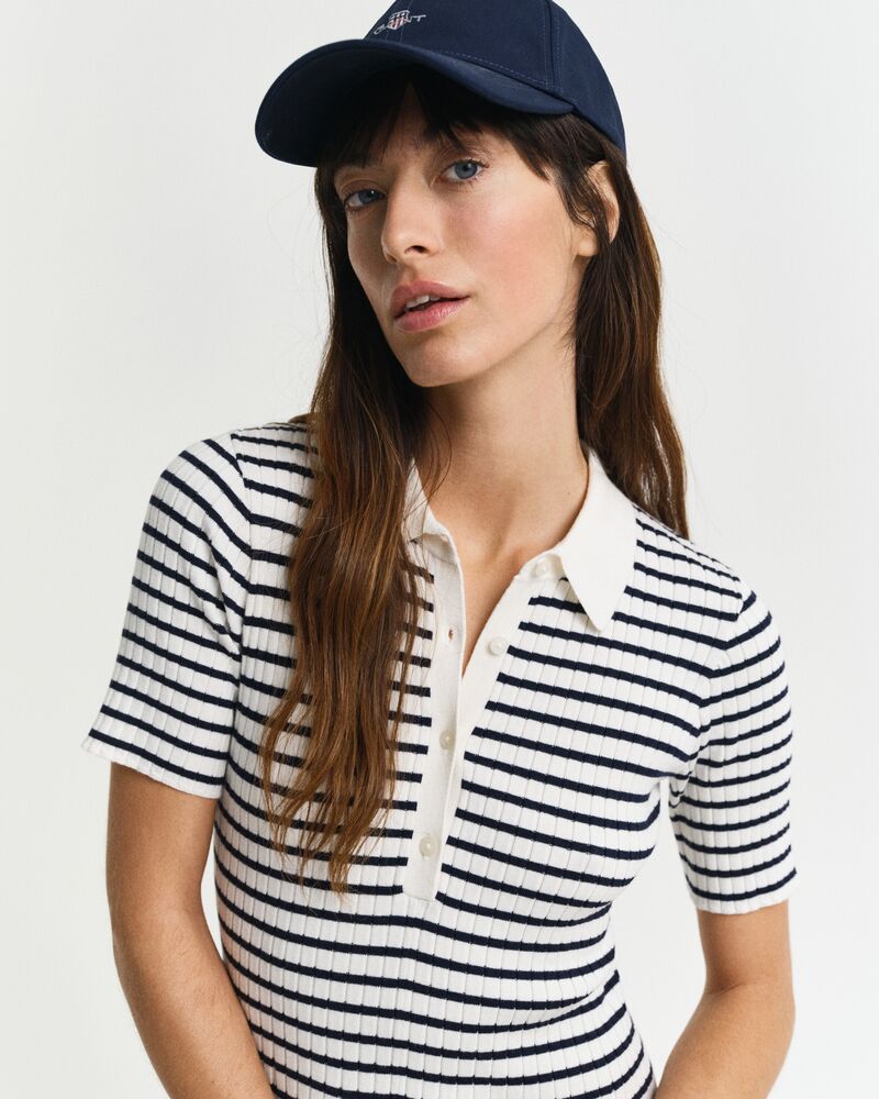Striped Rib Knit Short Sleeve Rugger Dress Blue / S