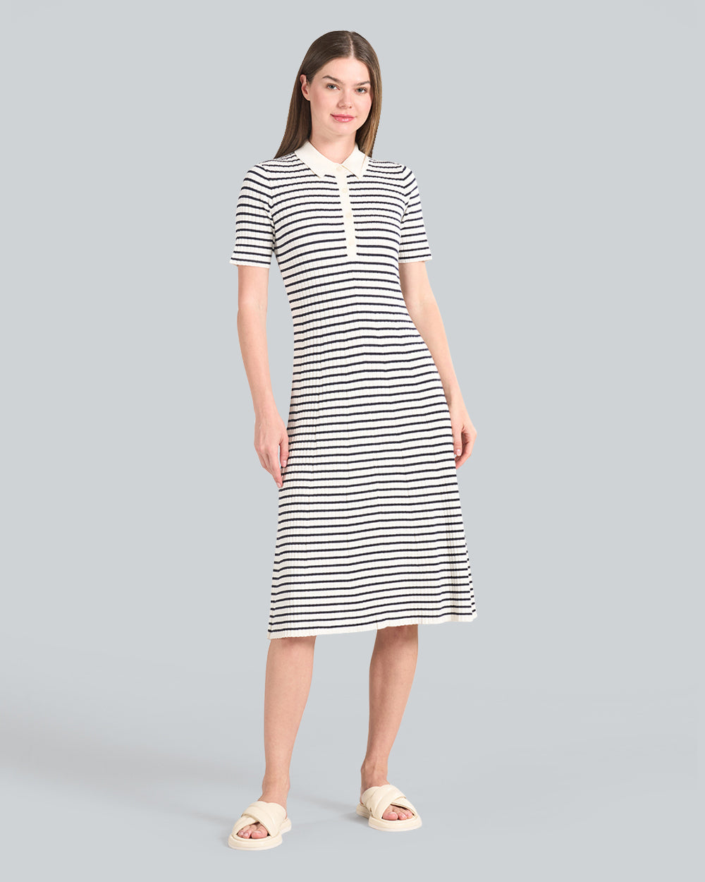 Striped Rib Knit Short Sleeve Rugger Dress Blue / S
