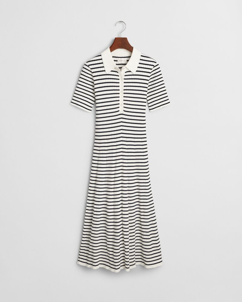 Striped Rib Knit Short Sleeve Rugger Dress Blue / S