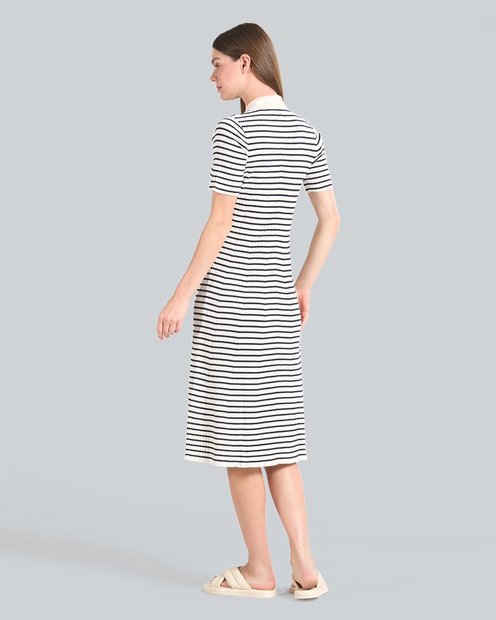 Striped Rib Knit Short Sleeve Rugger Dress Blue / S