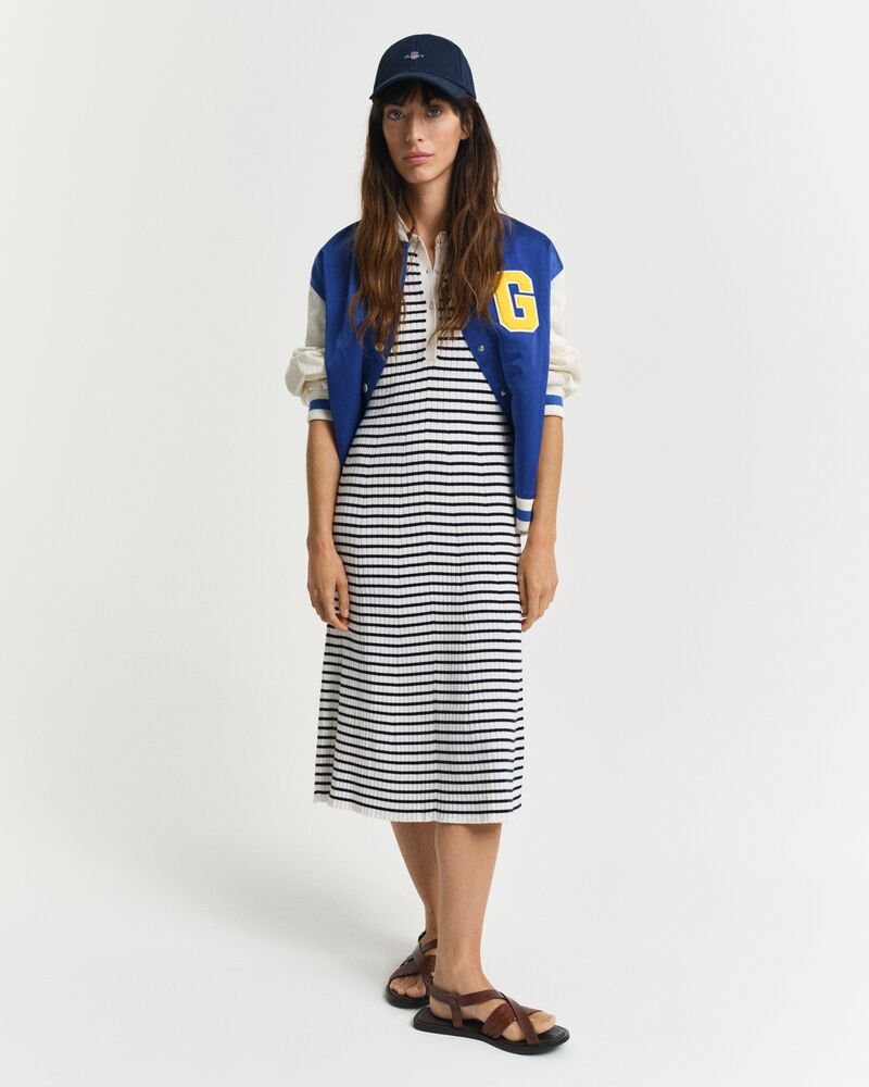 Striped Rib Knit Short Sleeve Rugger Dress Blue / S