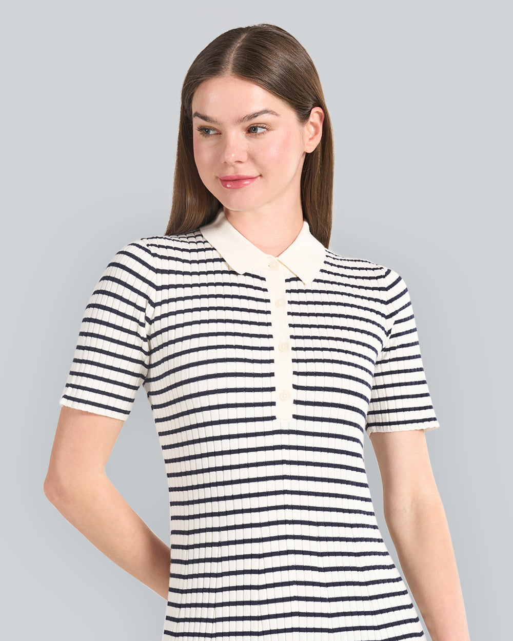 Striped Rib Knit Short Sleeve Rugger Dress Blue / S
