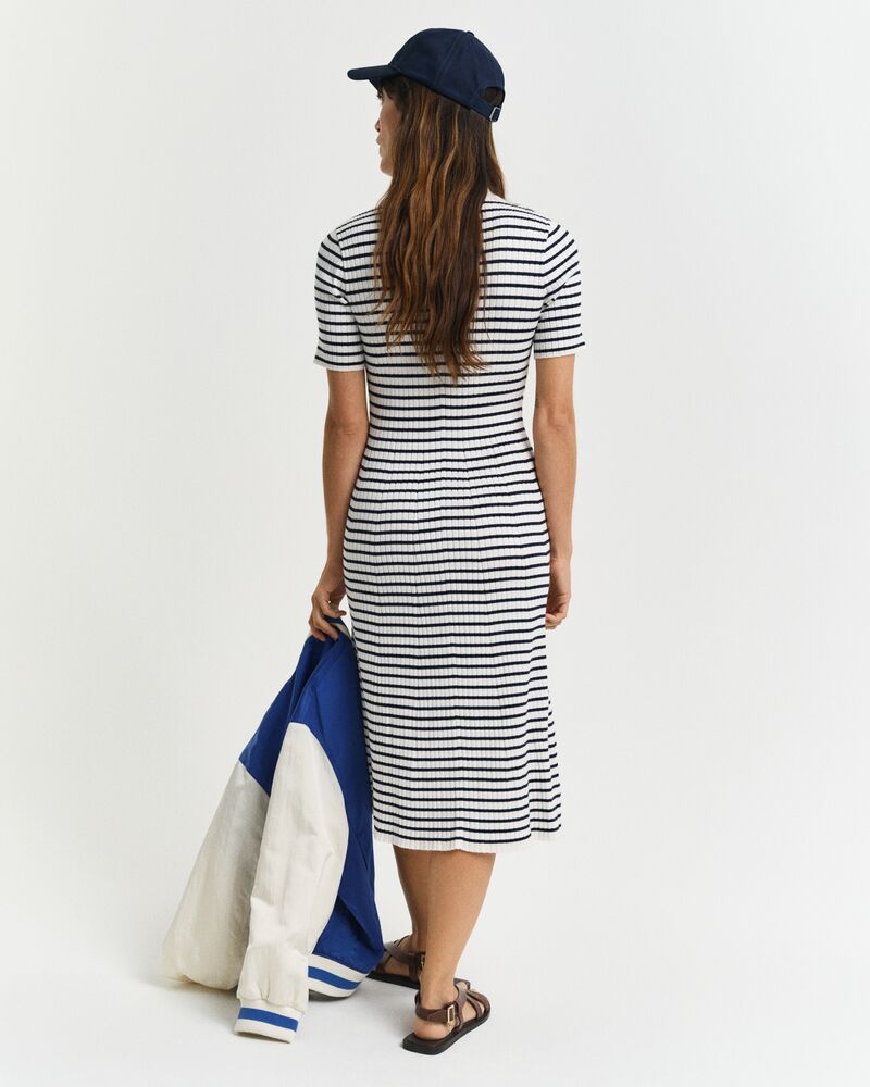 Striped Rib Knit Short Sleeve Rugger Dress Blue / S