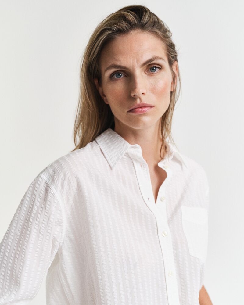 Relaxed Fit Tonal Striped Seersucker Shirt White / 32