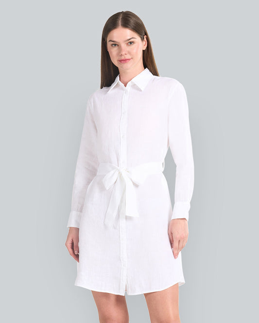 Belted Linen Shirt Dress White / 34