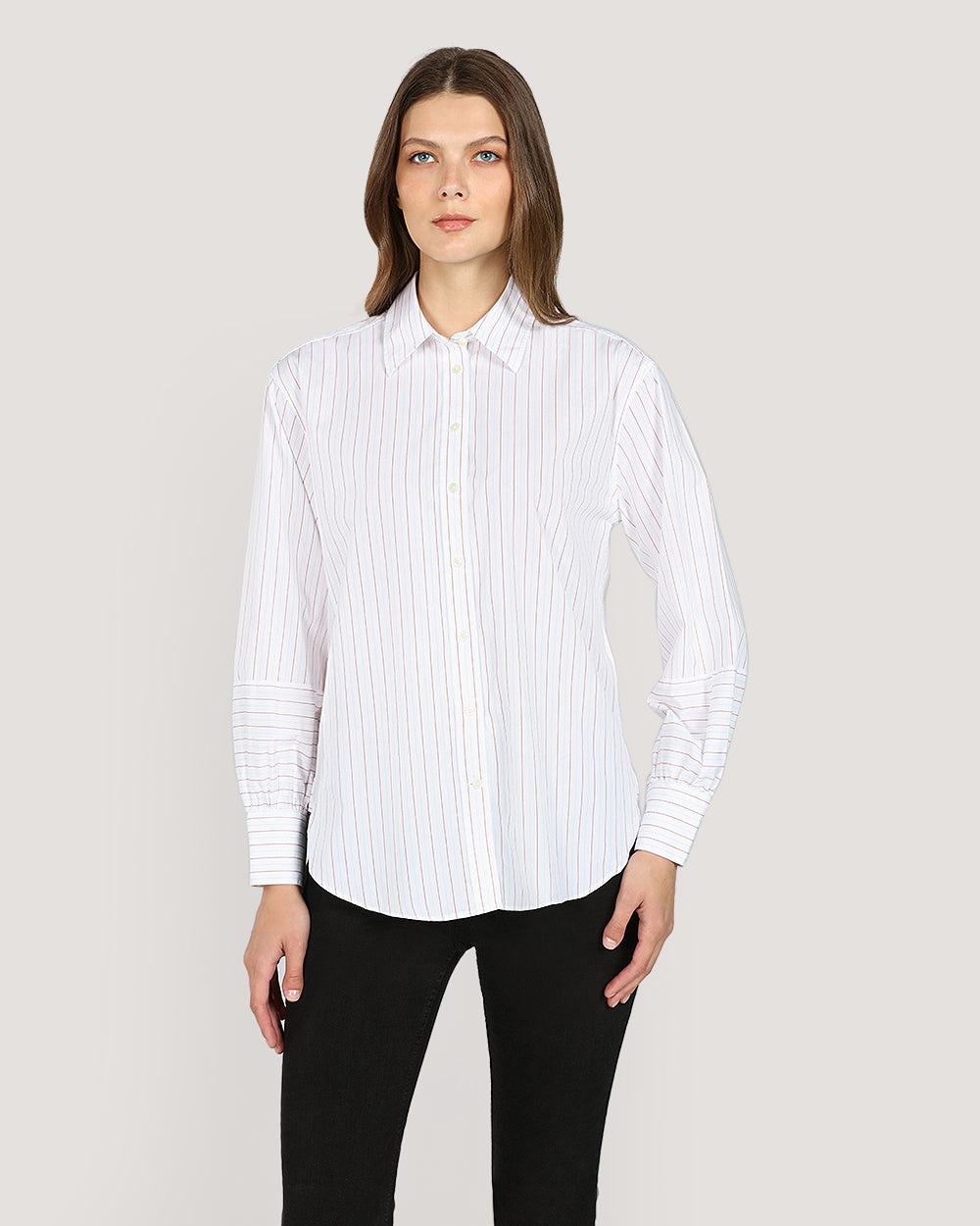 Relaxed Striped Volume Sleeve Shirt For Women