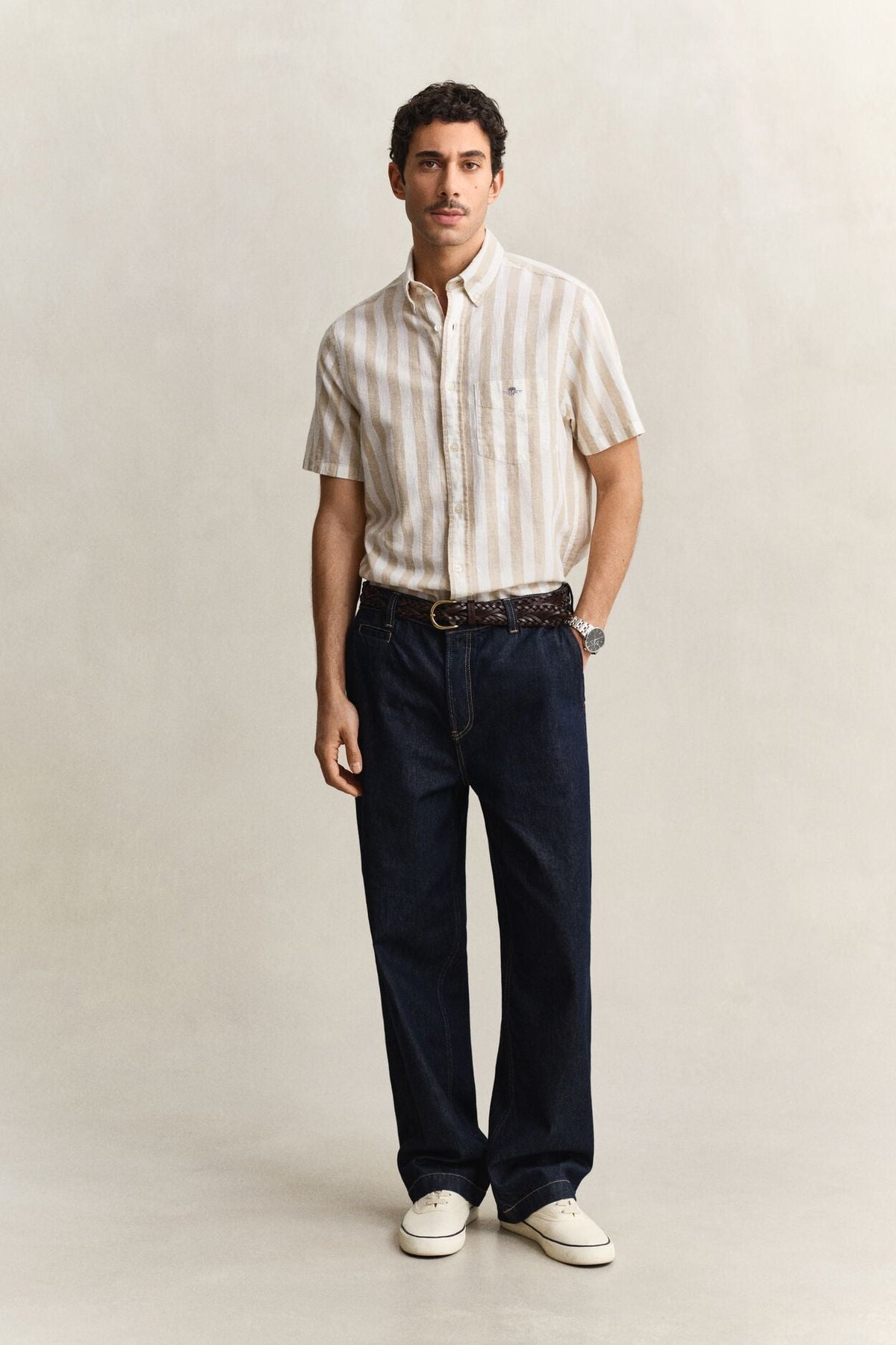 Striped Linen Blend Short Sleeve Shirt