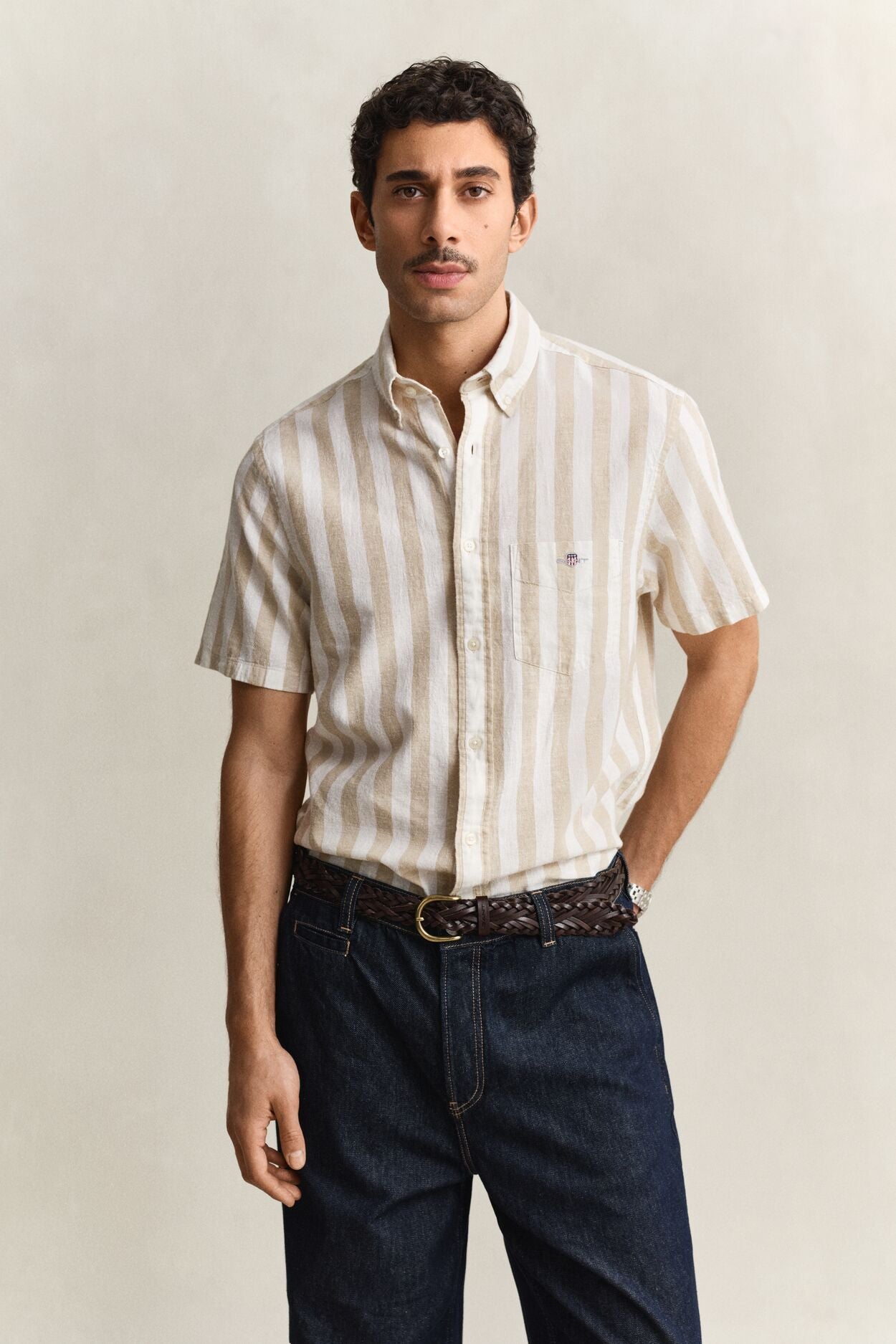 Regular Cotton Linen Stripe Ss Shirt