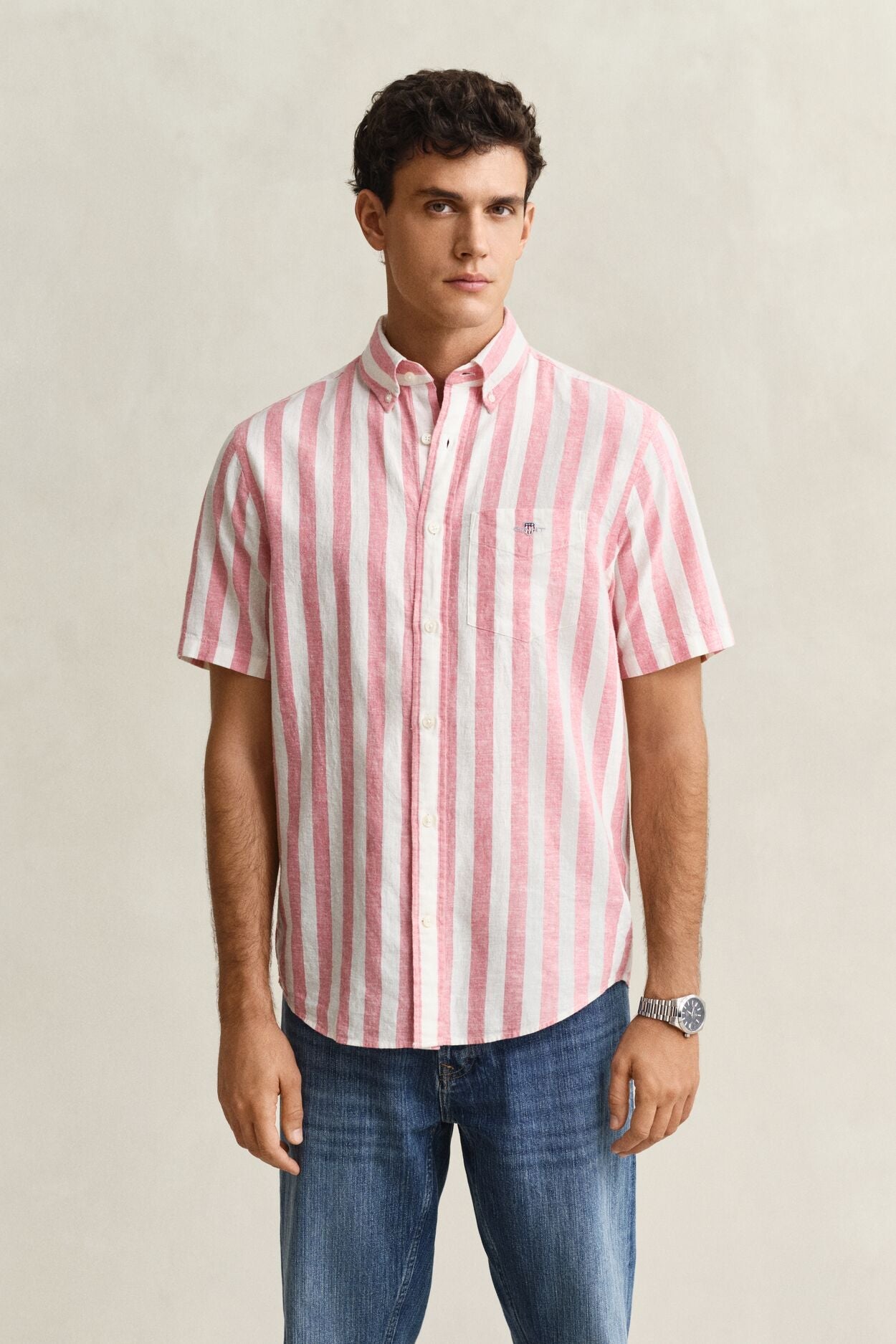 Regular Cotton Linen Stripe Ss Shirt