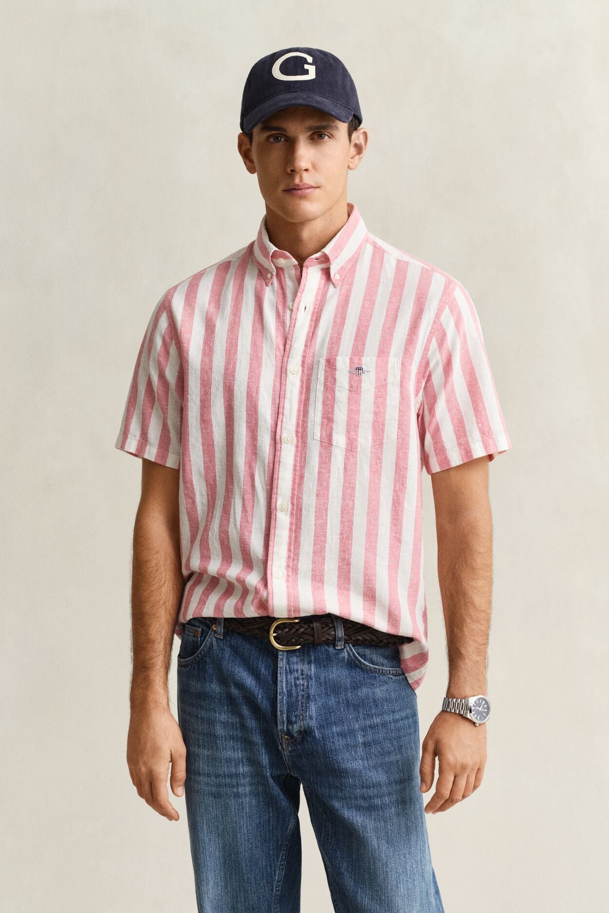 Regular Cotton Linen Stripe Ss Shirt