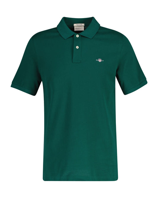 GANT Regular Shield Short sleeve Pique Polo – Dark Emerald – flat lay, front view