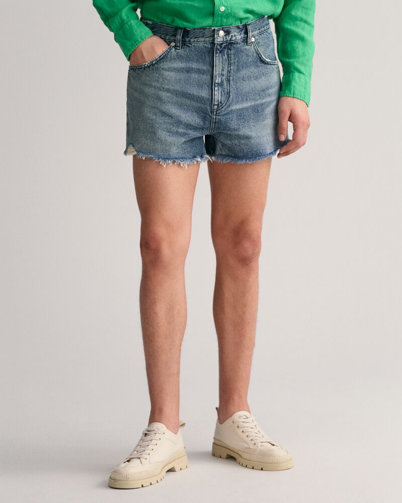 Raw Hem Jeans Shorts Semi Light Blue Worn In / 34