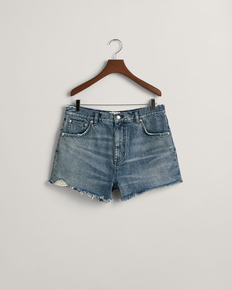 Raw Hem Jeans Shorts Semi Light Blue Worn In / 34