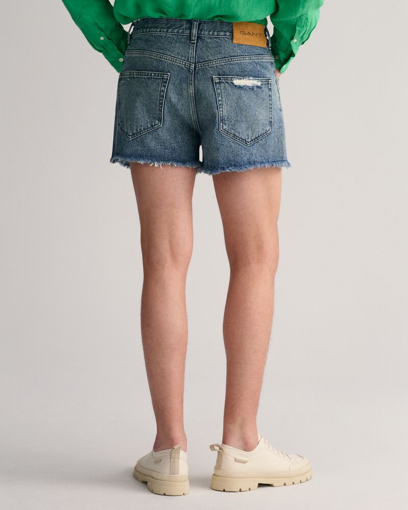 Raw Hem Jeans Shorts Semi Light Blue Worn In / 34