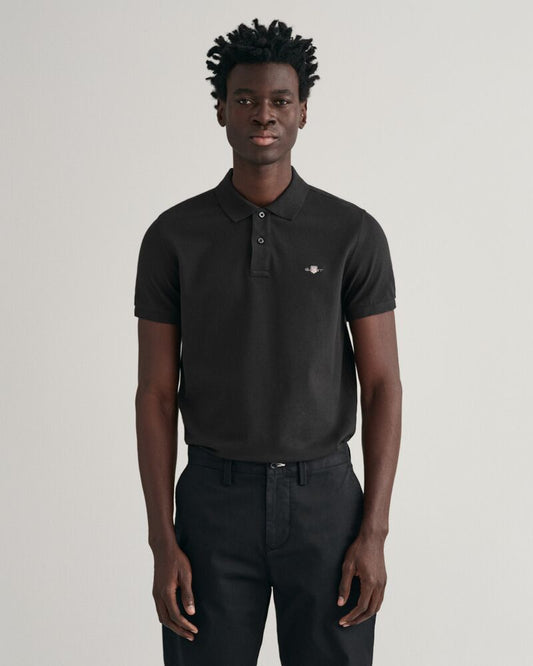 GANT Classic Slim Polo Shirt – Black – on model, front view