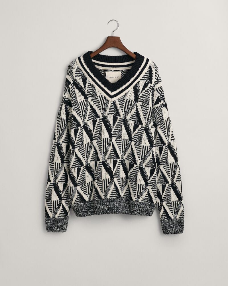 Geometric Patterned V-Neck Sweater Black / S