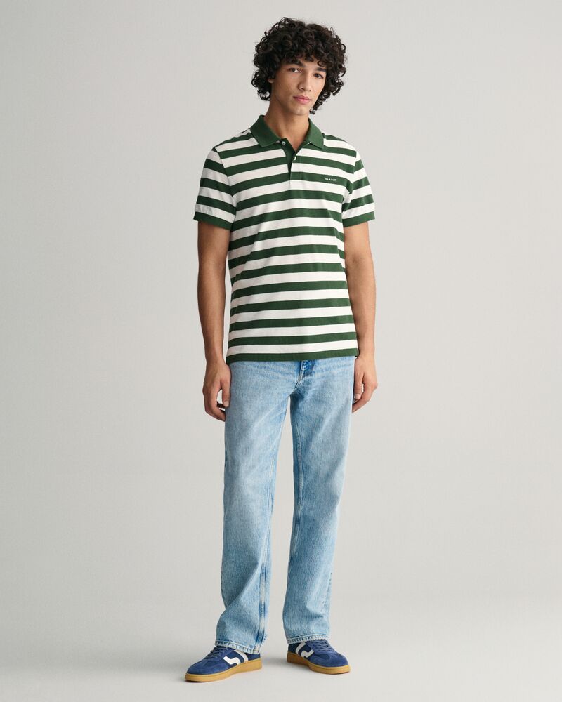 Wide Striped Piqué Polo Shirt S / PINE GREEN