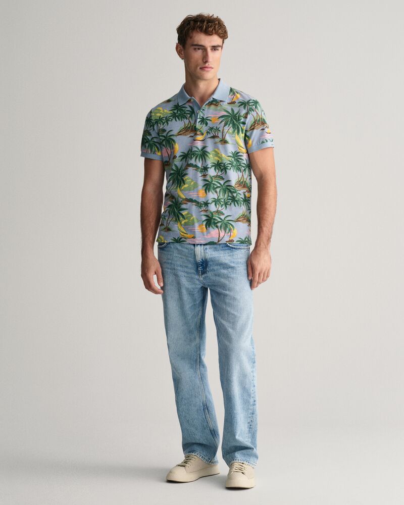 Hawaiian Print Polo Shirt S / DOVE BLUE