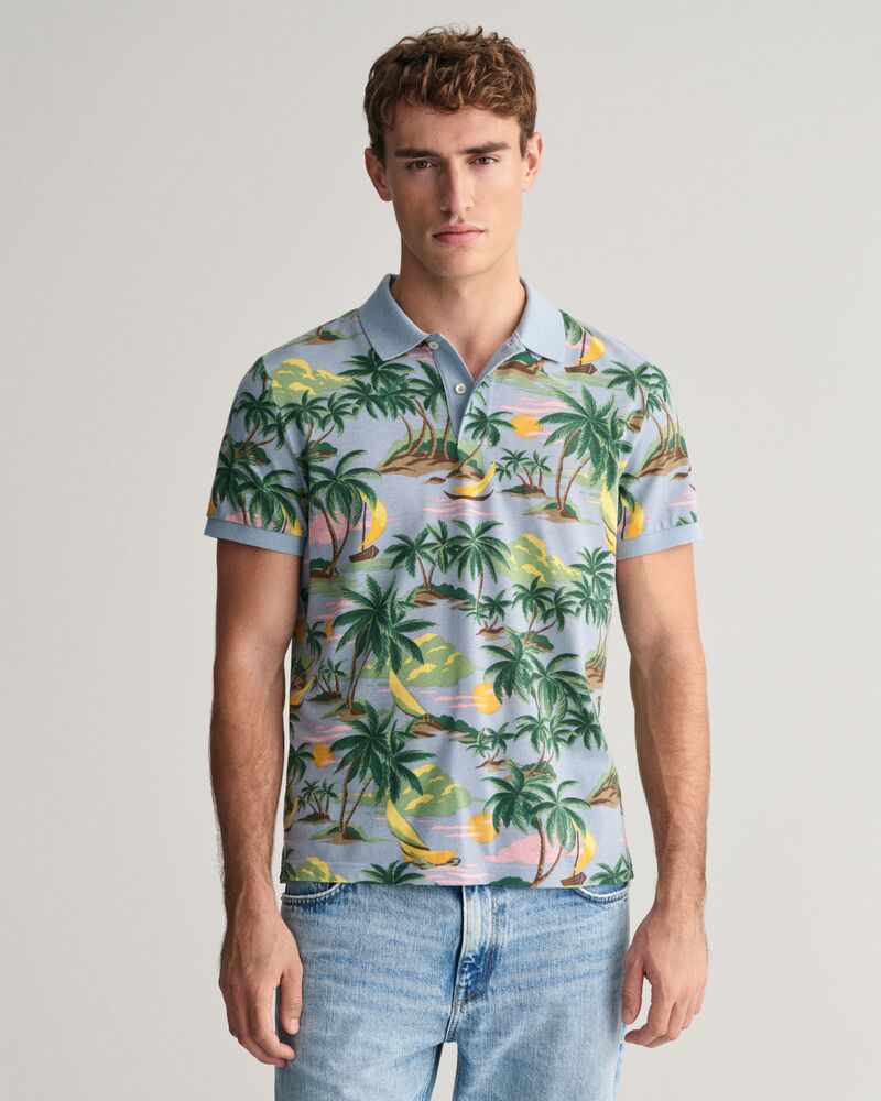 Hawaiian Print Polo Shirt S / DOVE BLUE