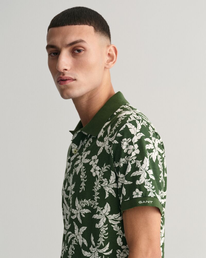 Palm Lei Print Piqué Polo Shirt S / PINE GREEN