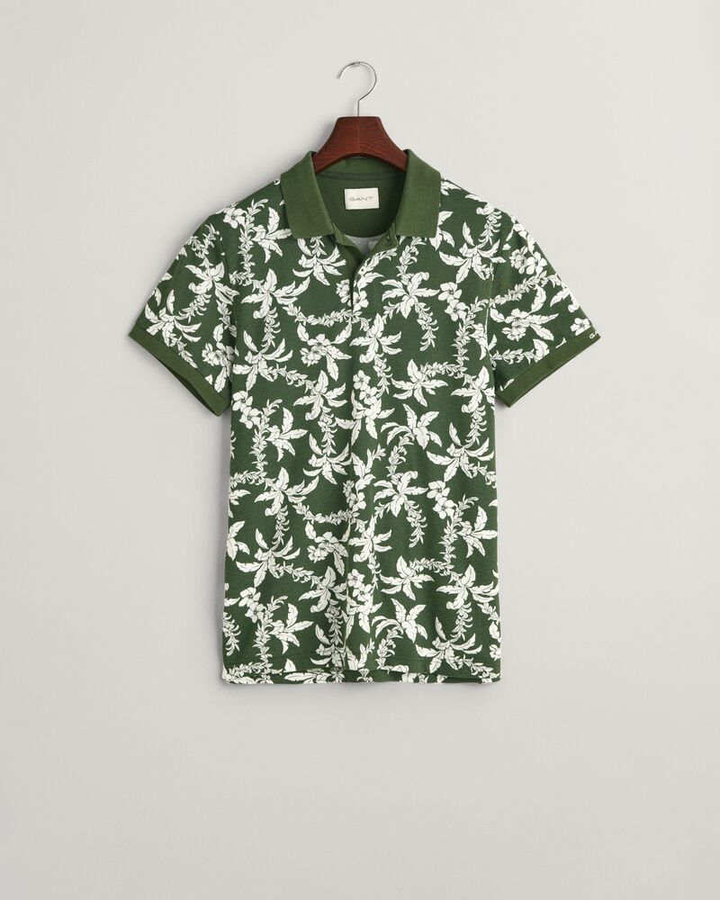 Palm Lei Print Piqué Polo Shirt S / PINE GREEN