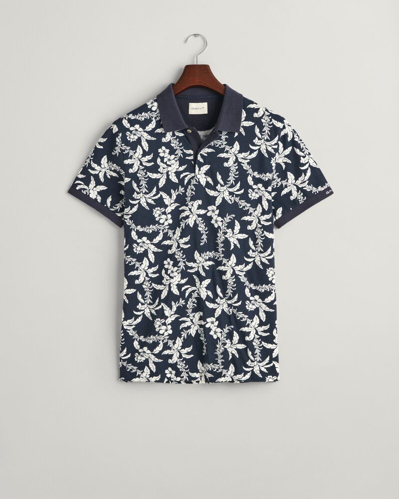 Palm Lei Print Piqué Polo Shirt S / EVENING BLUE