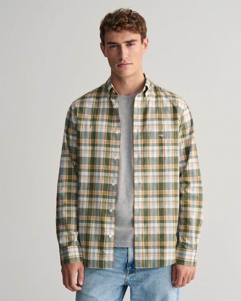 Regular Fit Checked Cotton Linen Shirt Pine Green / S