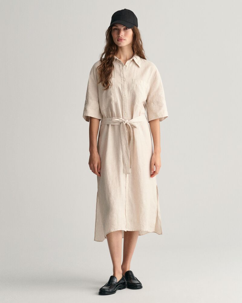 Linen Short Sleeve Shirt Dress Dry Sand / 32