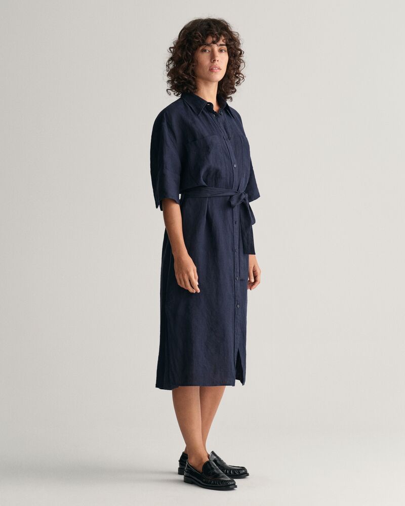 Linen Short Sleeve Shirt Dress Evening Blue / 32