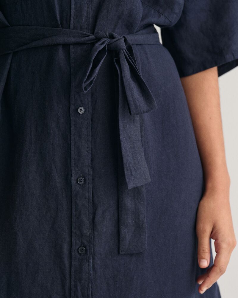 Linen Short Sleeve Shirt Dress Evening Blue / 32