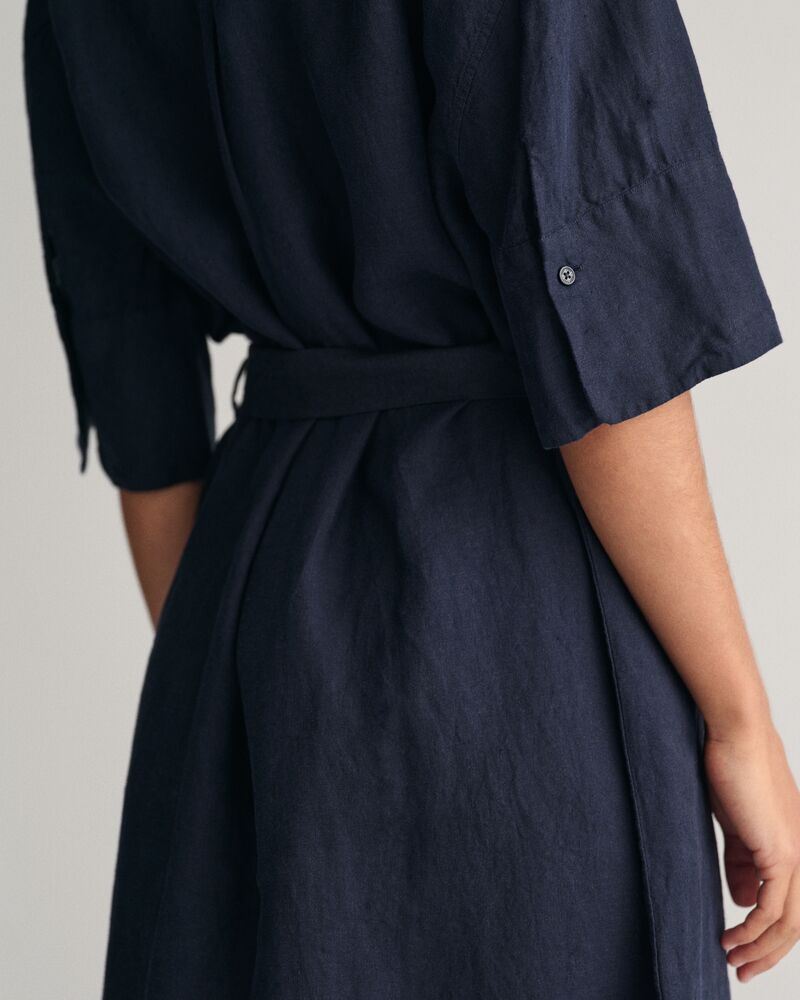 Linen Short Sleeve Shirt Dress Evening Blue / 32