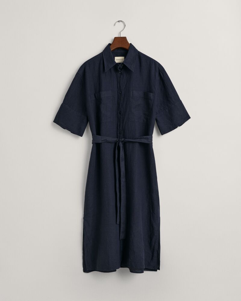 Linen Short Sleeve Shirt Dress Evening Blue / 32